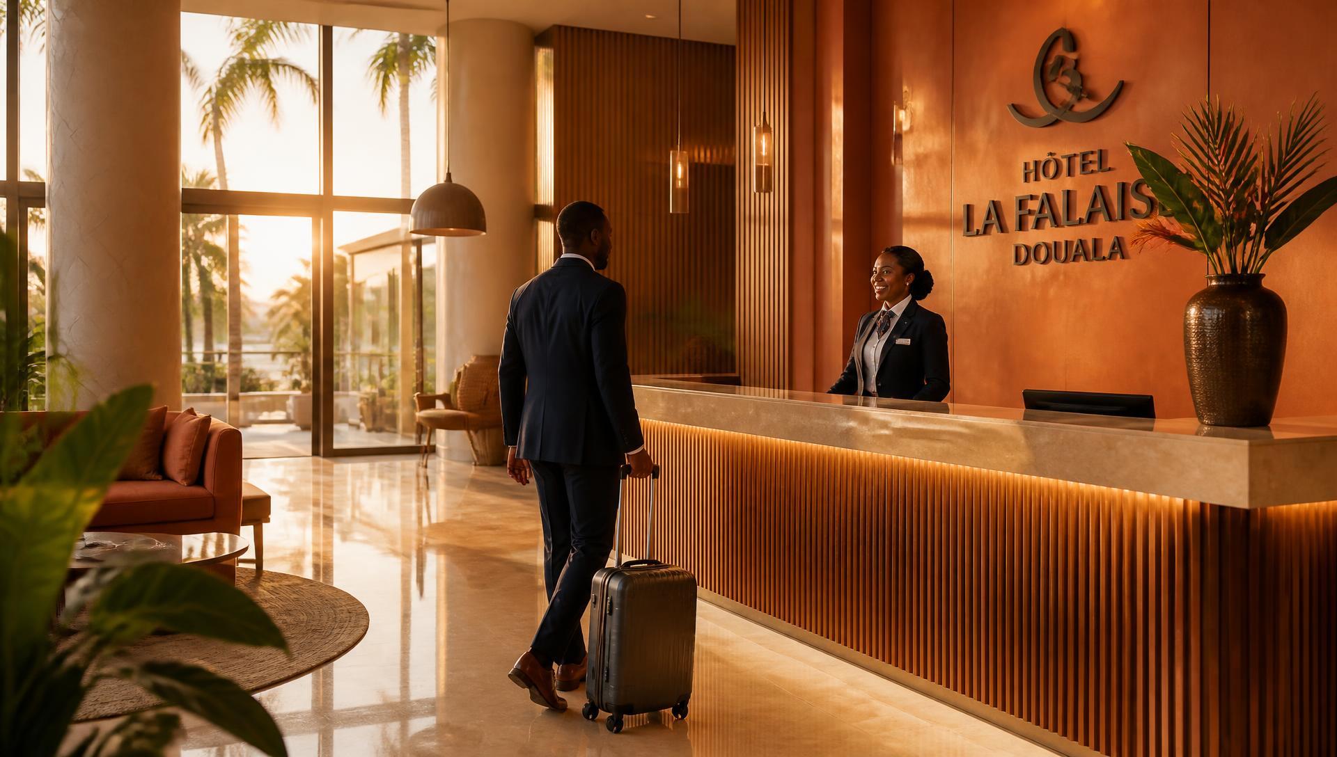 Équipe hôtelière accueillant des clients dans un hôtel au Cameroun